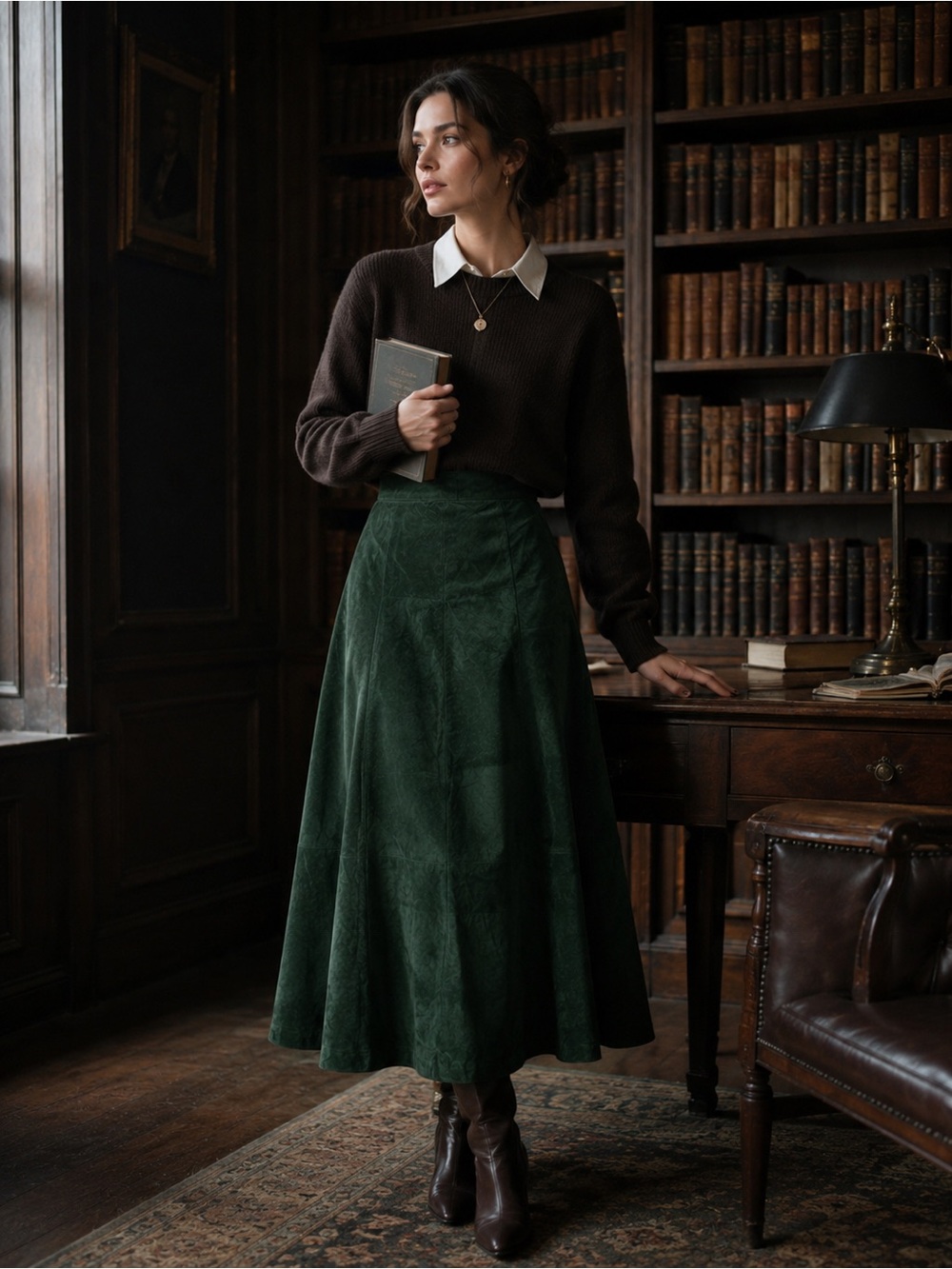 Bagatelle Vintage Suede Leather Midi Skirt A-Line 12 Equestrian Dark Academia